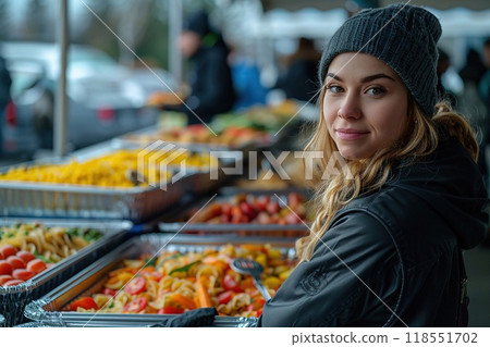 A person assisting with meal distribution to those in need. 118551702