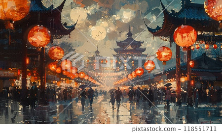 A Lunar New Year market with people shopping traditional food stalls 118551711