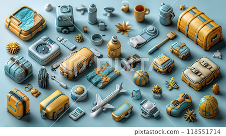 A 3D icon set for a travel application including planes 118551714