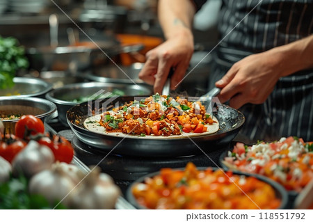 A person serving a plate of enchiladas at a restaurant. 118551792