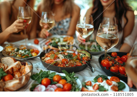 A group of friends enjoying Mexican street food at a market. 118551805