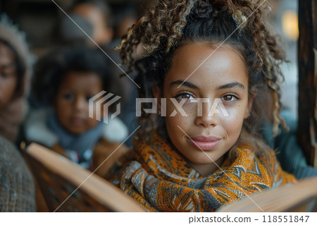 A group of people engaging in acts of care such as reading to children 118551847