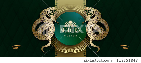 Text Happy New Year, Year of the Snake, green textured illustration with isolated golden snake 118551848