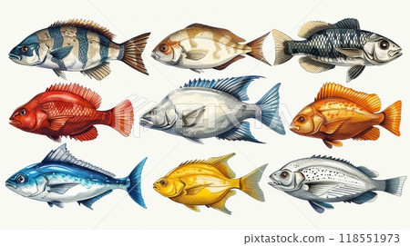 An outline illustration of various types of fish. 118551973