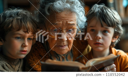 Elderly woman sharing stories with children indoor Elderly woman sharing stories with children indoor 118552042