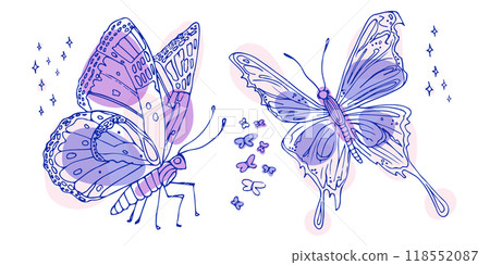 hand drawn pastel violet vector sketch of a butterfly set, boho design element hand drawn pastel violet vector sketch of a butterfly set, boho design element 118552087