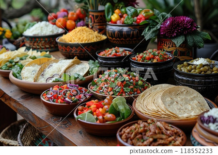 A festive display of Mexican food for a party. A festive display of Mexican food for a party. 118552233