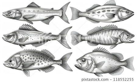 An outline illustration of various types of fish. 118552255