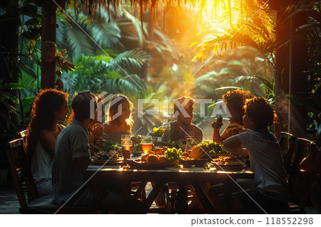 A non-traditional family having dinner together 118552298