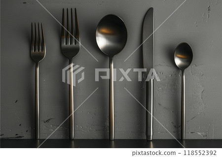 A mockup of a stainless steel cutlery set with a minimalist design 118552392
