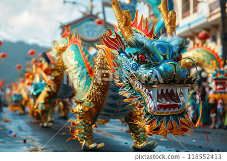 A festive dragon dance parade with colorful costumes. A festive dragon dance parade with colorful costumes. 118552413