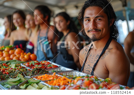A community potluck event with residents sharing food. A community potluck event with residents sharing food. 118552414