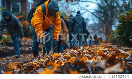 A neighborhood cleanup event with volunteers 118552424