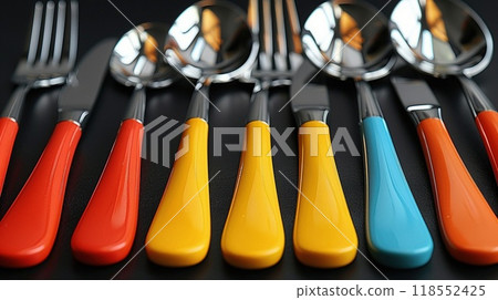 A colorful cutlery set with ergonomic handles. 118552425