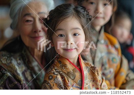 A Lunar New Year celebration with families wearing traditional clothing. A Lunar New Year celebration with families wearing traditional clothing. 118552473
