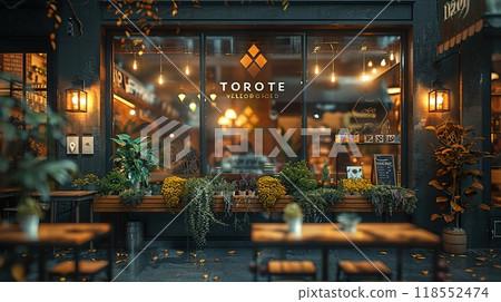 A glass effect logo displayed on a storefront window A glass effect logo displayed on a storefront window 118552474