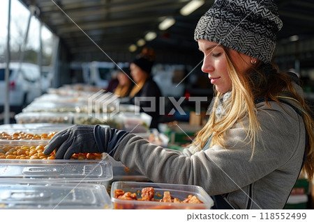 A person assisting with meal distribution to those in need. 118552499