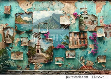 A travel adventure collage with exotic destination photos and map templates. 118552500