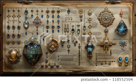 A detailed outline drawing of various types of jewelry. 118552504