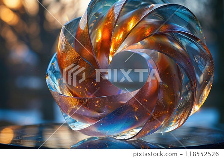 A close-up of a glass logo with a frosted effect. 118552526