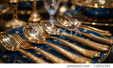 A close-up of a cutlery set with gold accents. 118552562