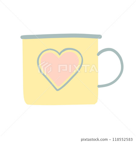 Cute yellow mug featuring a pastel heart design, perfect for romantic settings, Valentine Day gifts, and cozy drinkware illustrations Cute yellow mug featuring a pastel heart design, perfect for romantic settings, Valentine Day gifts, and cozy drinkware illustrations 118552583