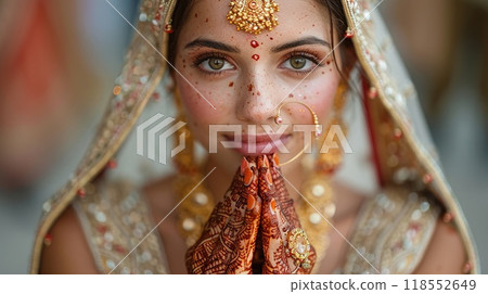 Close-up of a woman in traditional attire with intricate henna designs on her hands 118552649