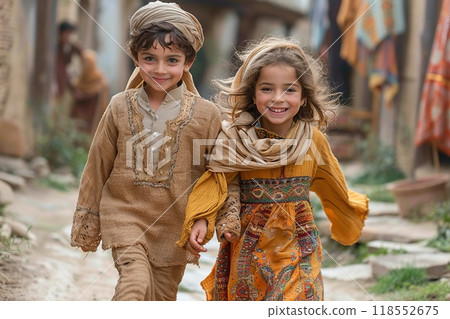 Children wearing new clothes for Eid al Adha playing in the yard 118552675