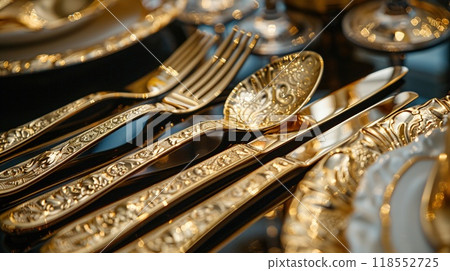 A luxury gold-plated cutlery set displayed elegantly. 118552725