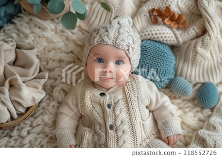 A baby milestone collage with monthly photos and cute baby items. 118552726