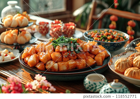 A festive table set for Lunar New Year traditional food 118552771