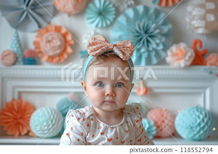 A baby shower collage with cute baby photos and pastel decorations. 118552794