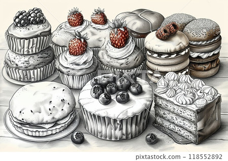 An outline drawing of a variety of baked goods. An outline drawing of a variety of baked goods. 118552892