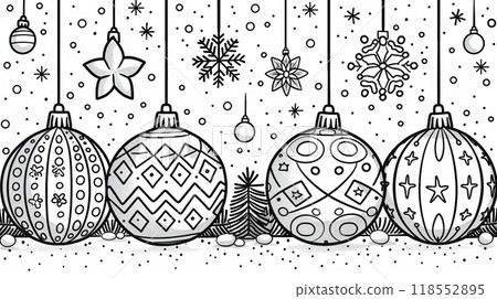 A detailed outline drawing of various holiday decorations. 118552895
