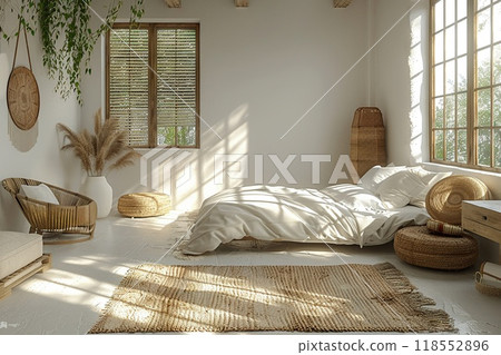 A VR mockup of a minimalist bedroom design. 118552896