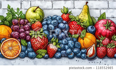 An outline drawing of a variety of fruits and vegetables. 118552985