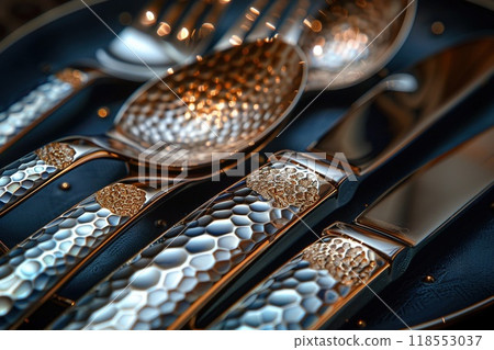 A close-up of a cutlery set with a unique pattern. A close-up of a cutlery set with a unique pattern. 118553037