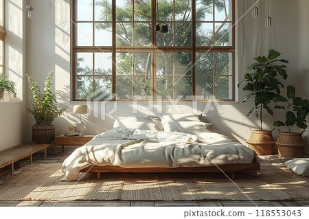 A VR mockup of a minimalist bedroom design. 118553043