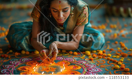 Woman in a saree arranging colorful rangoli overhead shot 118553133