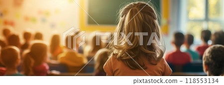 Young girl blonde hair sitting classroom students back view sunlight windows horizontal 118553134