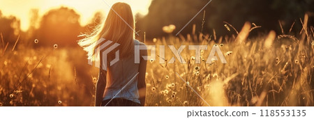 Blonde girl walking sunlit field wildflowers sunset teenager horizontal 118553135
