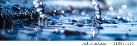 Macro shot water droplets splashing ripples bokeh effect background horizontal 118553136