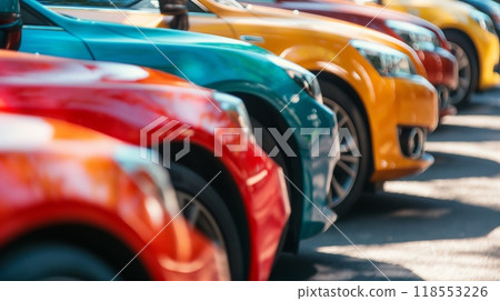 Close-up of vibrant colored cars aligned in a parking lot under bright sunlight on a clear day 118553226