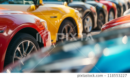 Diverse colorful cars parked in an urban parking lot under clear skies and bright sunlight 118553227