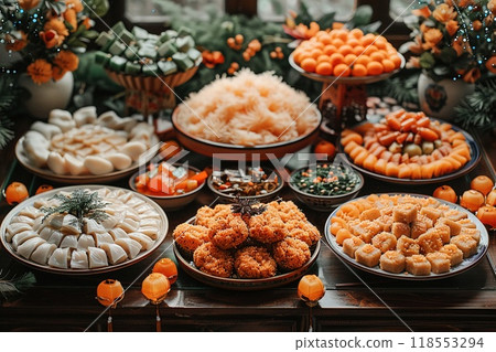 A table with a variety of traditional Lunar New Year foods. 118553294