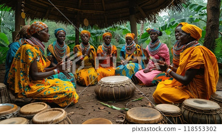 Women gathered for a traditional song and dance wide-angle 118553302