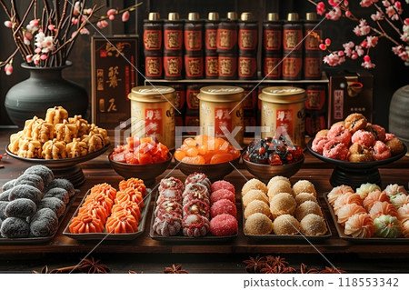 A table with traditional Lunar New Year sweets and snacks. 118553342
