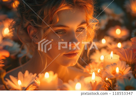Woman lighting candles around a decorative arrangement 118553347