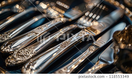 A close-up of a cutlery set with personalized initials. 118553349