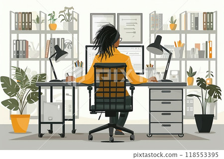 A person with a disability using adaptive equipment at work. 118553395